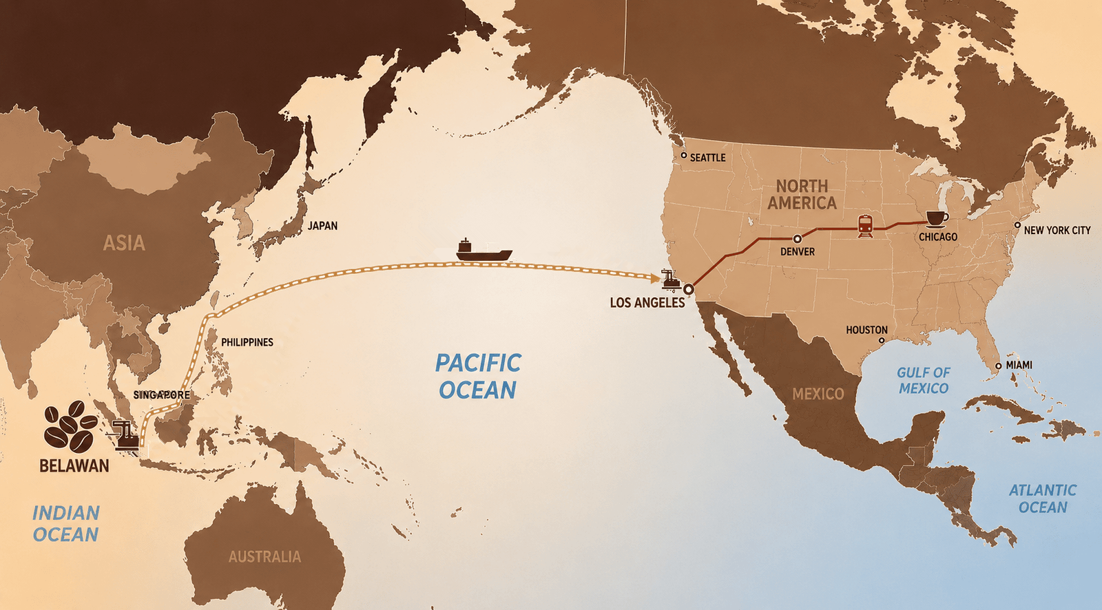 Map of a coffee container's route from Belawan, North Sumatra, by feeder ship to Singapore, across the Pacific to Los Angeles and Long Beach, then by rail to Chicago.