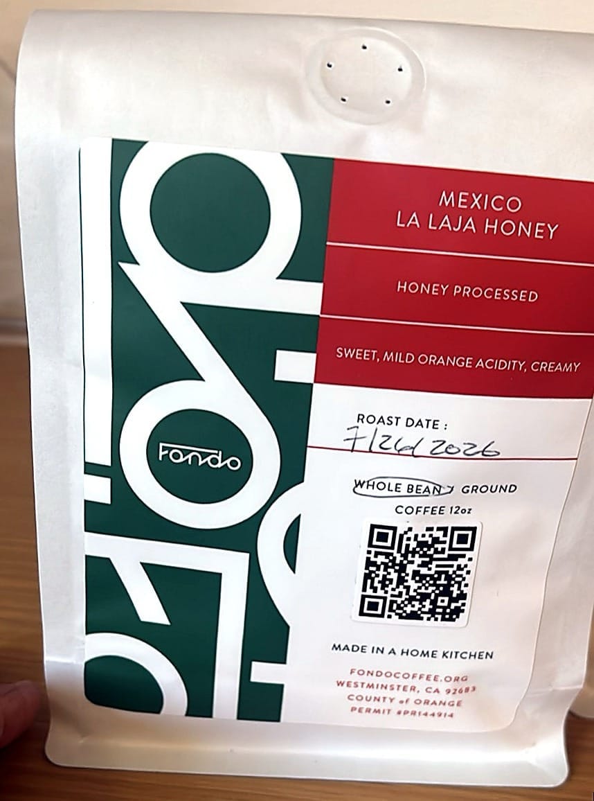 A bag of Fondo Coffee Mexico La Laja, a honey-processed coffee.